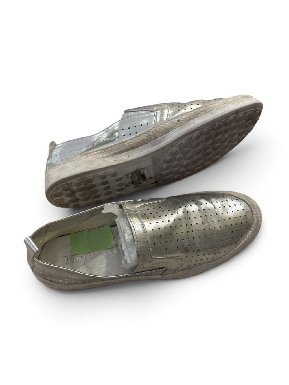 Wanted Metallic Silver Perforated Slip-On Sneakers With Braided Trim
